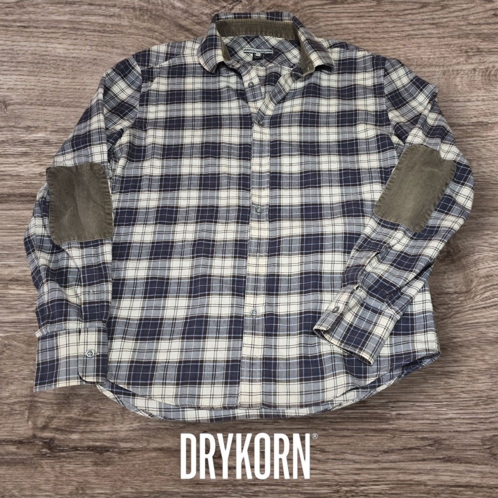 Drykorn Mens Plaid Corduroy Elbow Patch Flannel Shirt Navy Blue Cream XL FLAW